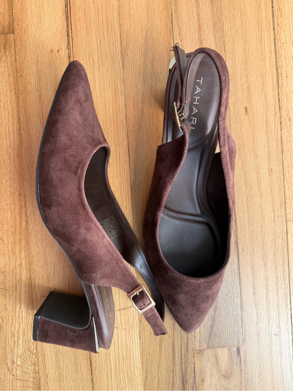 Tahari Chocolate Brown Suede Slingback Block Heels